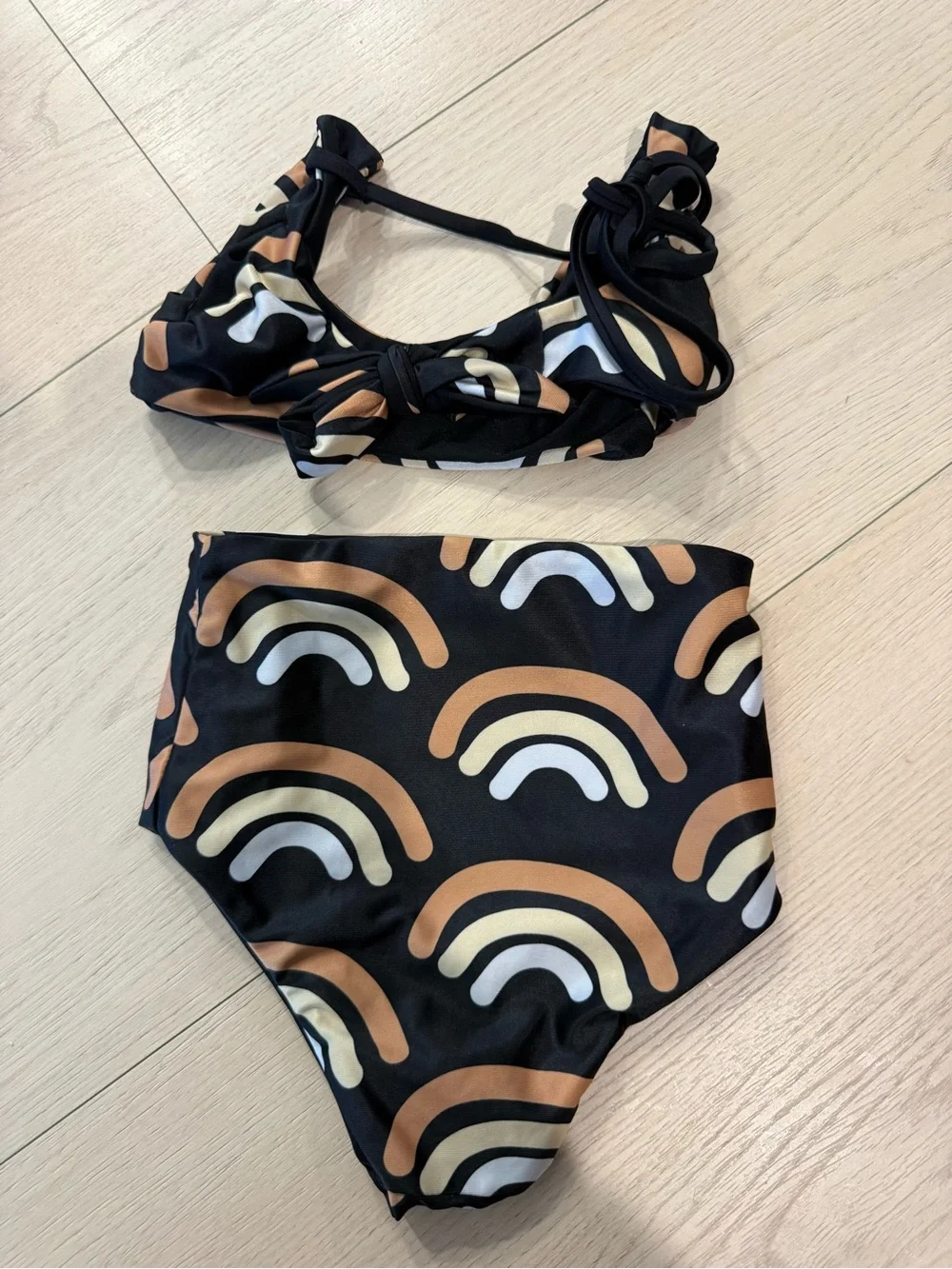 Of Of One Sea Girls' High-Waist Bikini Black with Tan & Cream Rainbow | 0/1T
